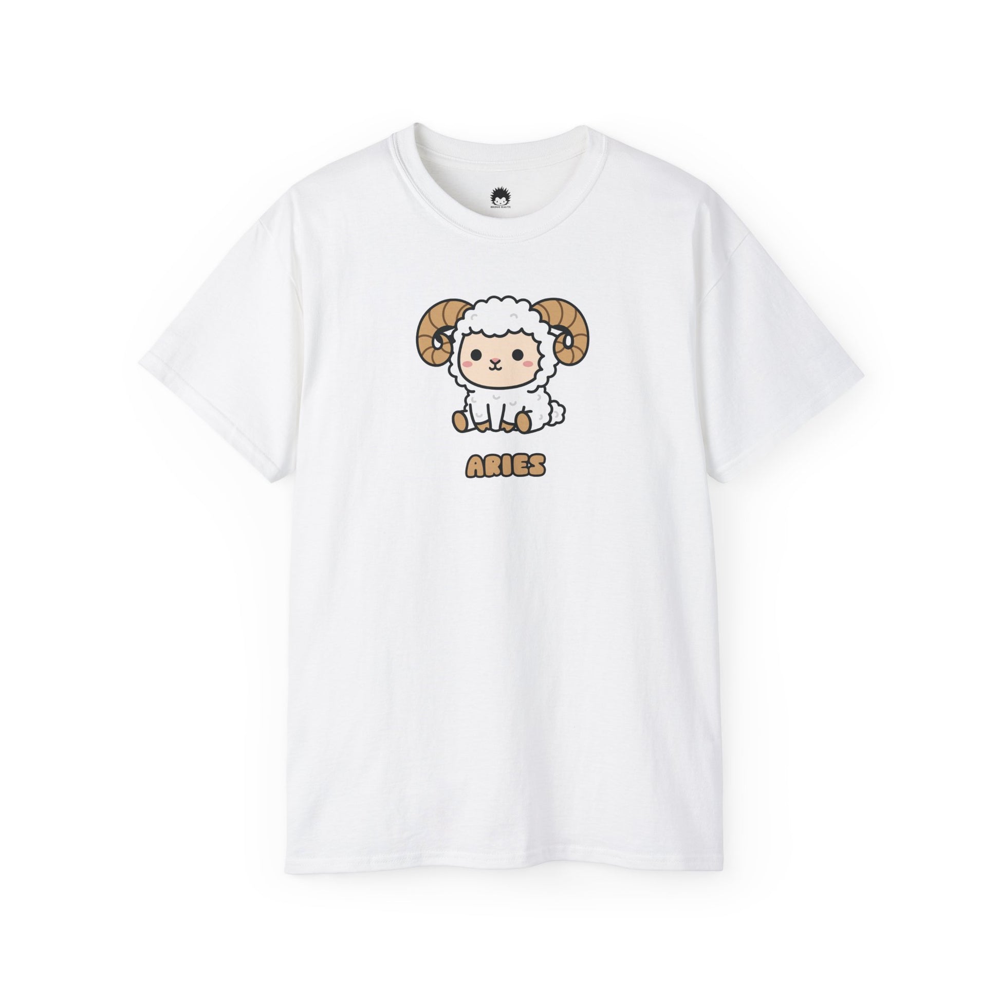 White t-shirt with a cartoon ram design and 'Aries' text on a white background