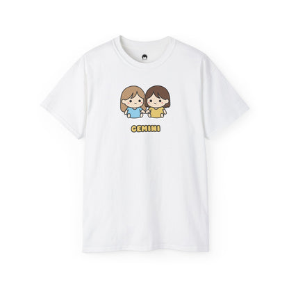 White t-shirt with cartoon characters and 'Gemini' text on a white background