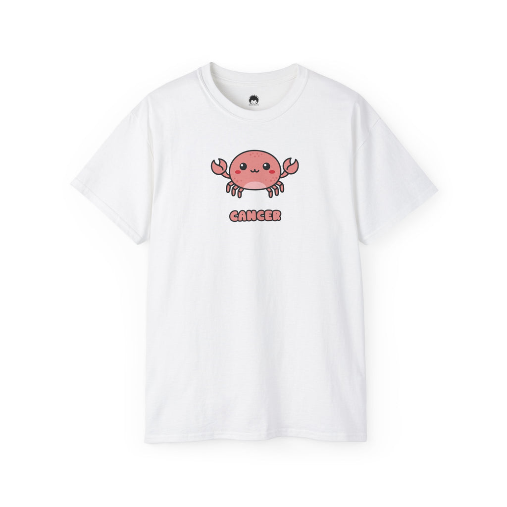 White t-shirt with a pink crab graphic and 'Cancer' text on a white background