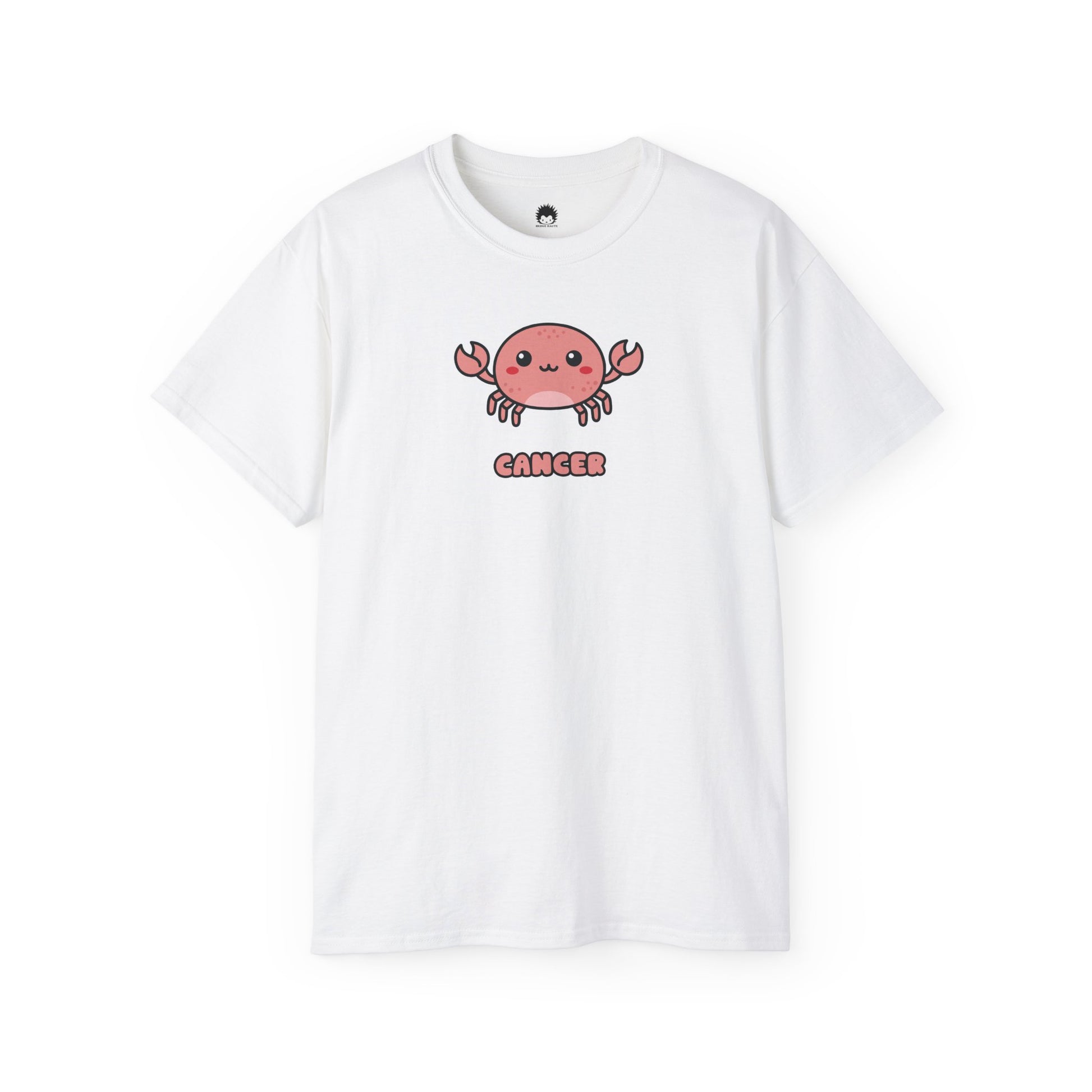White t-shirt with a pink crab graphic and 'Cancer' text on a white background