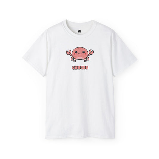 White t-shirt with a pink crab graphic and 'Cancer' text on a white background