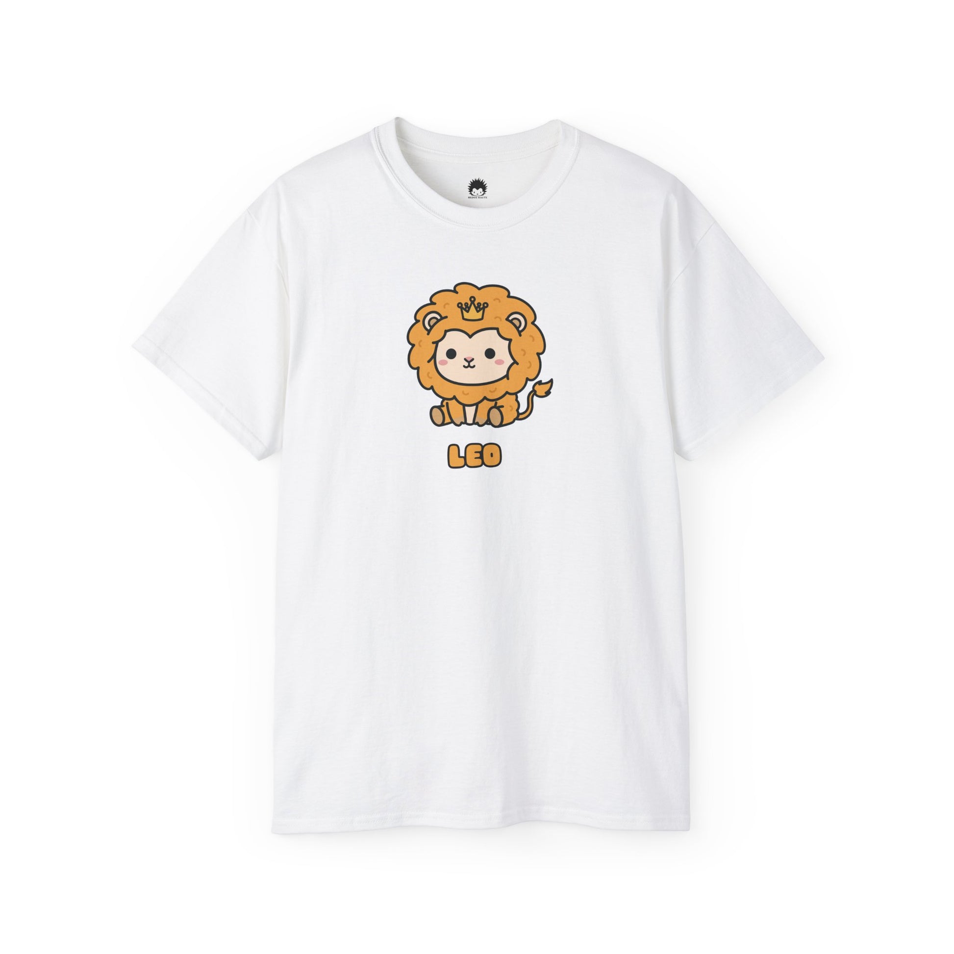 White t-shirt with a cartoon lion design on a white background