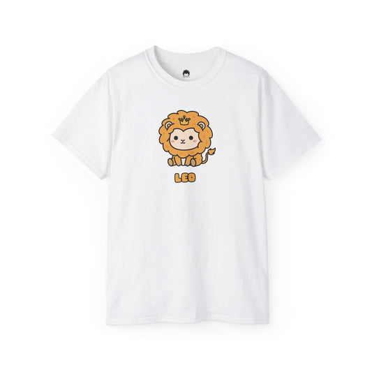 White t-shirt with a cartoon lion design on a white background