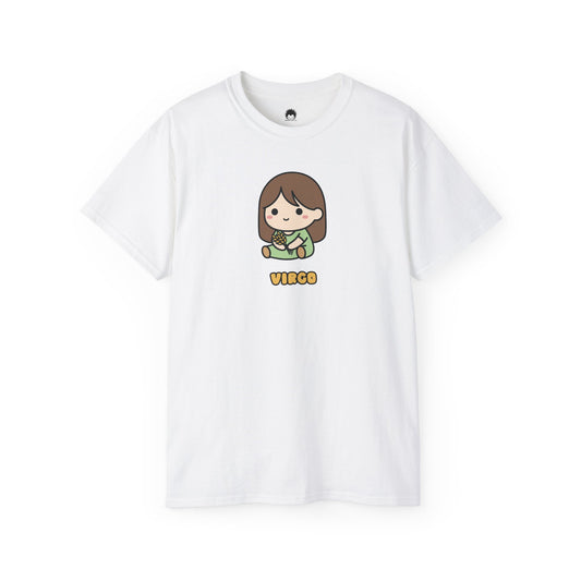 White t-shirt with a cartoon character and 'VIRGO' text on a white background