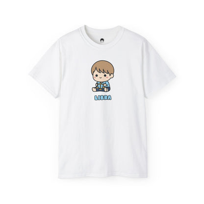 White t-shirt with a cartoon character and 'LIBRA' text on a white background