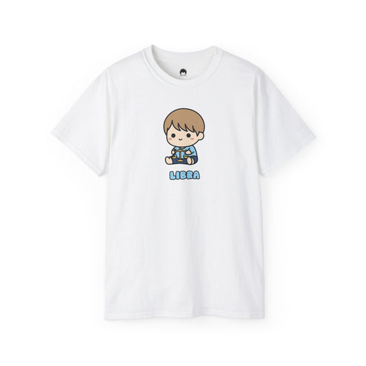 White t-shirt with a cartoon character and 'LIBRA' text on a white background