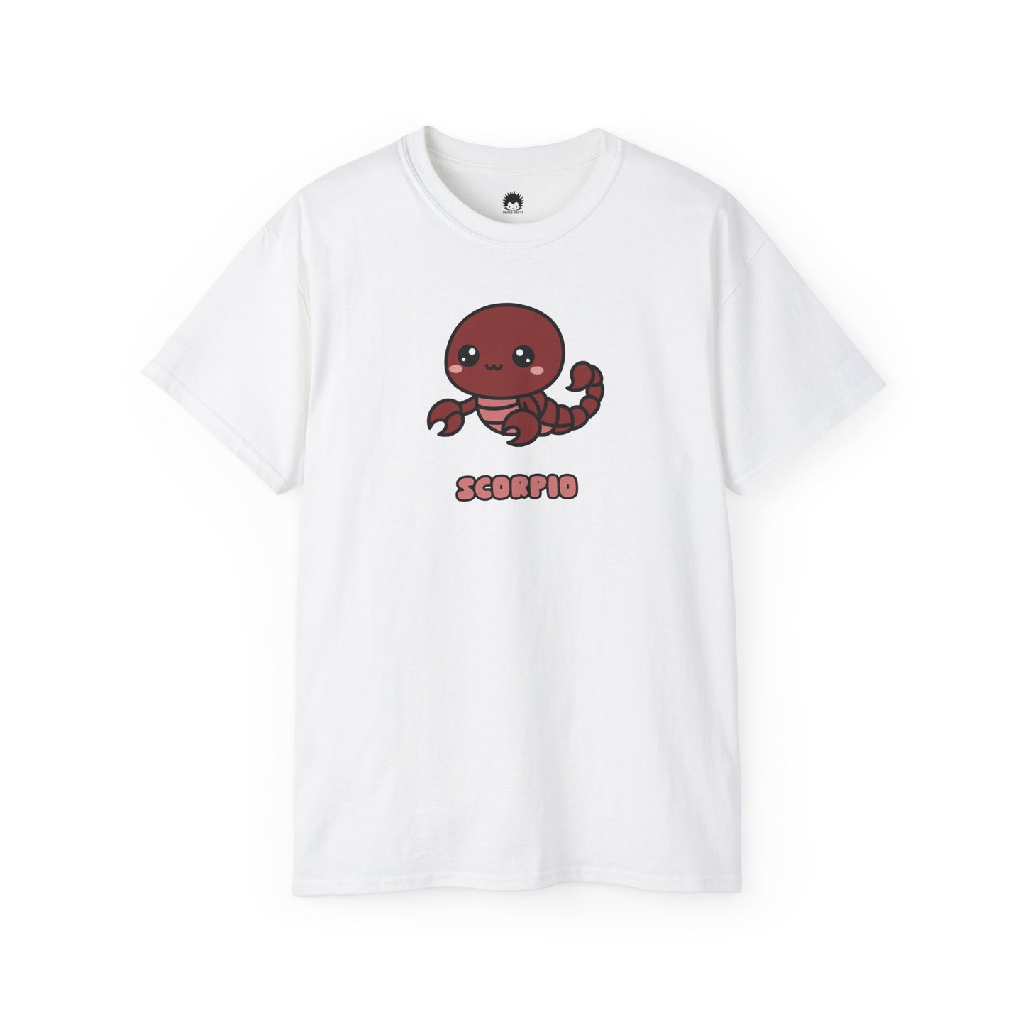 White t-shirt with a cartoon Scorpio design on a white background