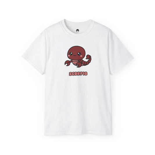White t-shirt with a cartoon Scorpio design on a white background