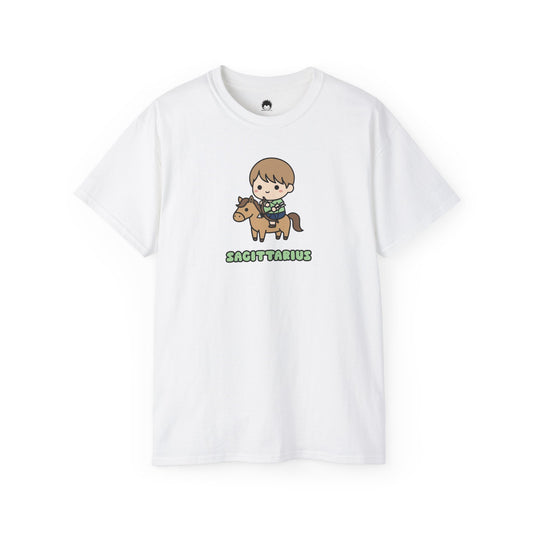 White t-shirt with a cartoon character and 'Sagittarius' text on a white background