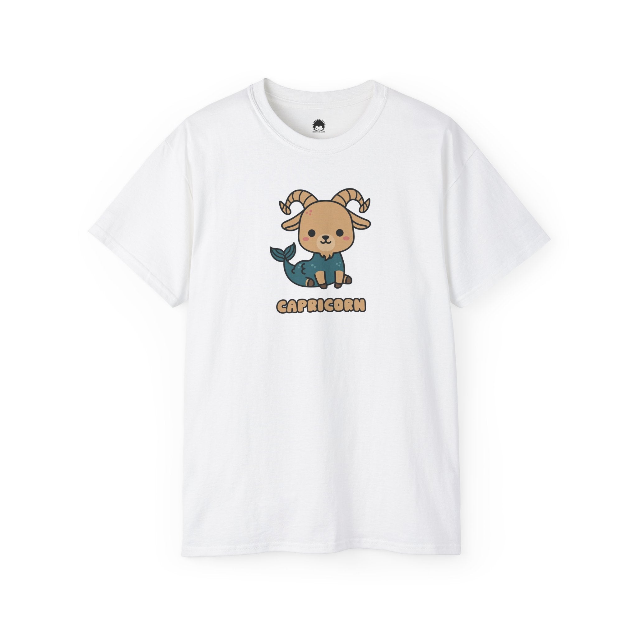 White t-shirt with a Capricorn zodiac sign design on a white background