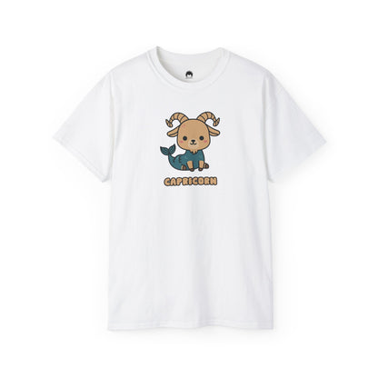 White t-shirt with a Capricorn zodiac sign design on a white background