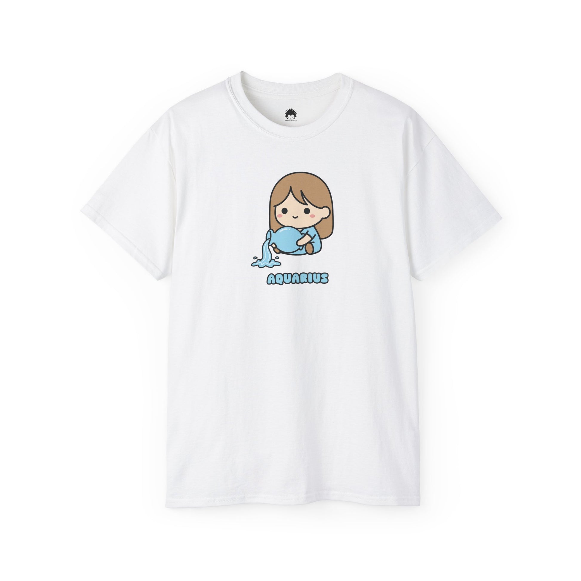 White t-shirt with a cartoon character and 'Aquarius' text on a white background