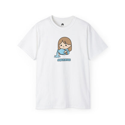 White t-shirt with a cartoon character and 'Aquarius' text on a white background