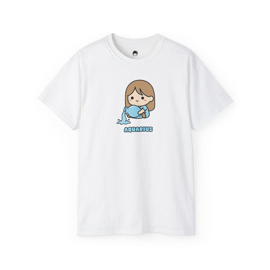 White t-shirt with a cartoon character and 'Aquarius' text on a white background