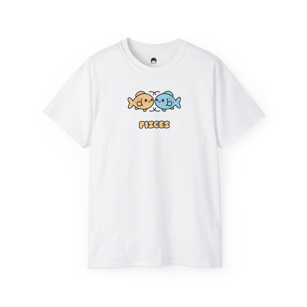 White t-shirt with cartoon fish and 'FISHERS' text on a white background