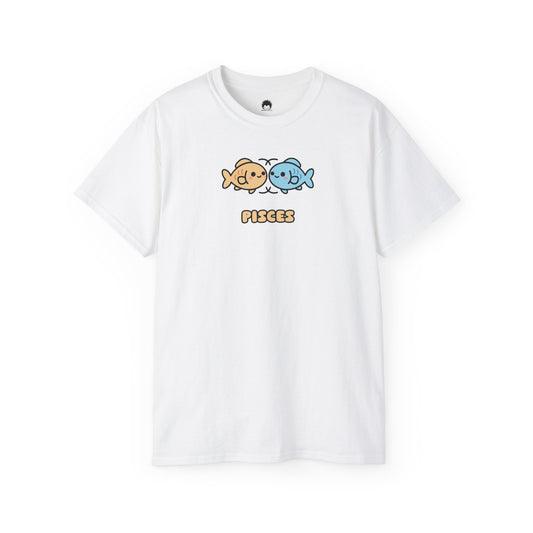 White t-shirt with cartoon fish and 'FISHERS' text on a white background